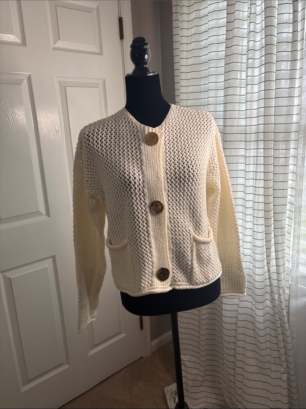 Women’s Cream Open-Weave Button Front Cardigan